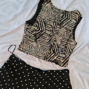 Black gold polka dots pallazzo (wide pants) with black and gold crop top